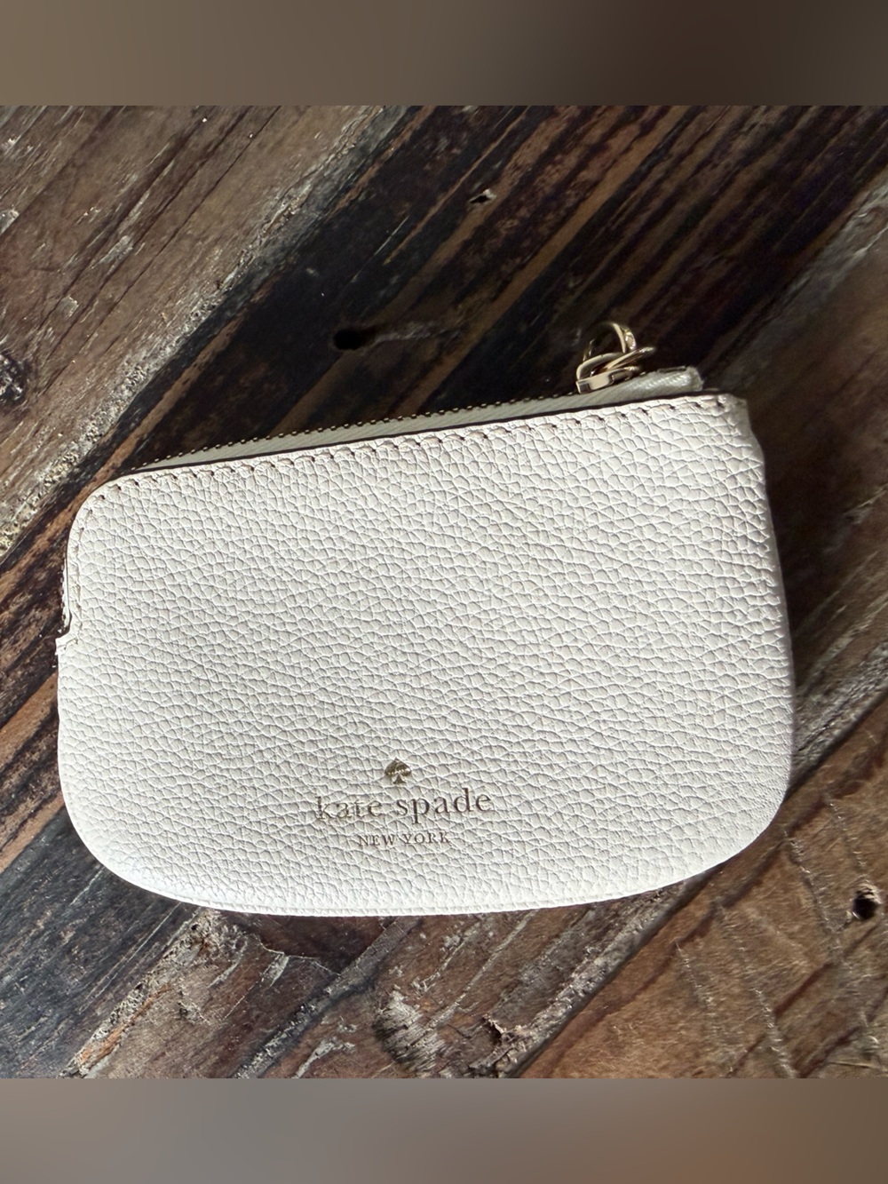 kate spade Cream Pebbled Leather Zip Coin Pouch with Gold Logo